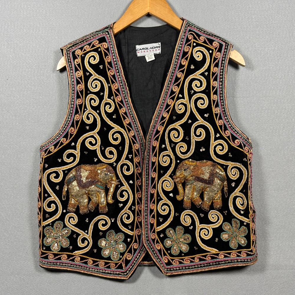 VTG Carol Horn Workshop Elephant Vest Black Velvet Sequined Embroidered Boho M
